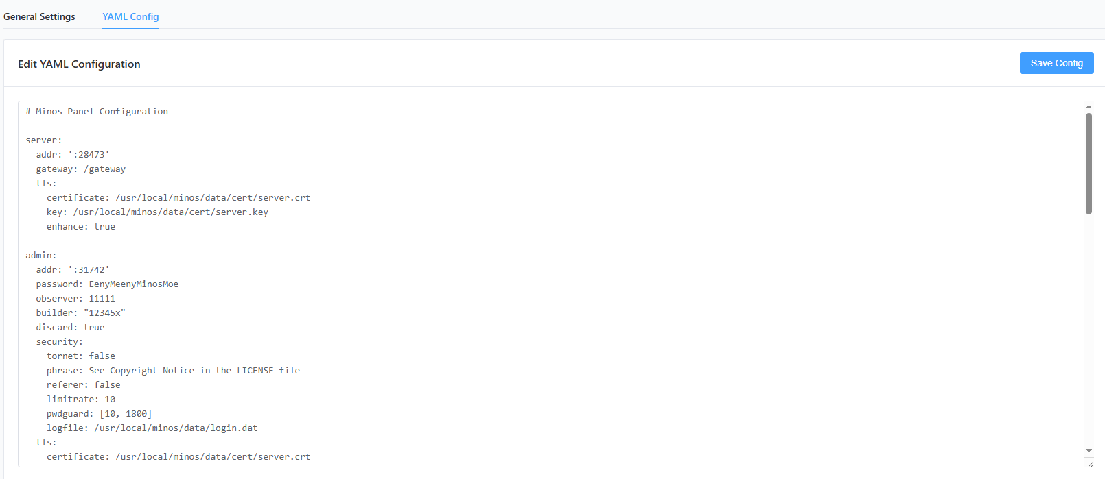 Admin YAML config page